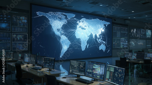 Dimly lit cybersecurity operations center with a large luminous world map and rows of analyst workstations