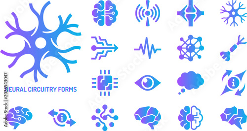 Tableau sur toile Collection of neural network and brain circuitry forms icons with gradient purple and blue colors