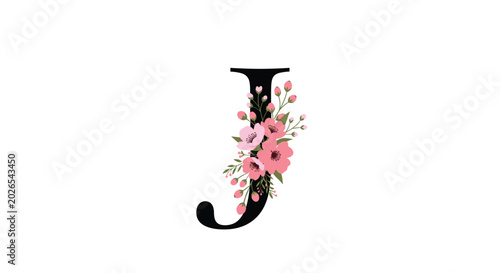 Elegant black letter J is beautifully adorned with delicate pink flowers and green leaves creating a floral monogram design.