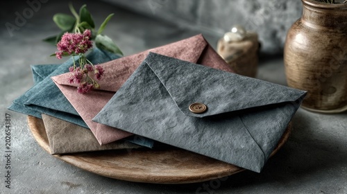 Handmade Textured Paper Envelopes with Flowers on Rustic Wooden Tray. Generative AI