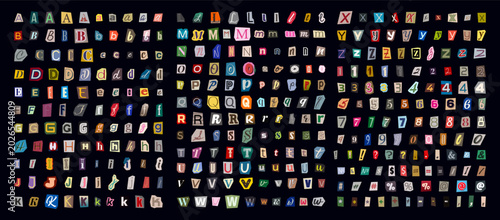 Konstfotografi Mega set of cut out magazine alphabet collage font with colorful letters, letters and numbers in retro Y2K style, paper scrapbook typography set