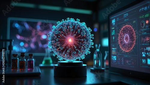 Microscopic Virus Cell Model Glowing in Futuristic Scientific Laboratory with Medical Research Data Screens Chemical Flasks and High Tech Biotech Equipment