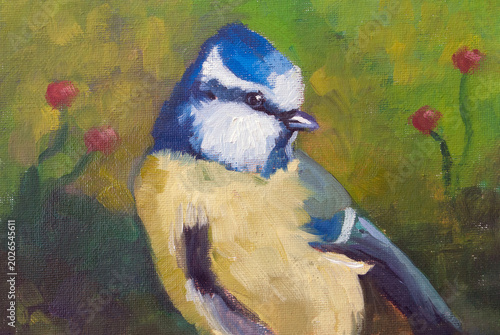Foto Dipinto a olio di una cinciarella con piumaggio blu e giallo, ritratto artistico