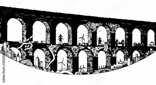 Whimsical illustration of a fantastical, multi-layered aqueduct filled with tiny worlds and wind turbines.
