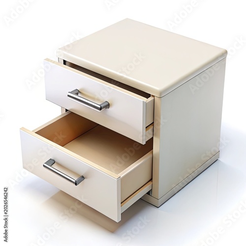 Minimalist White Wooden Drawer Unit Open with Empty Compartments on White Background