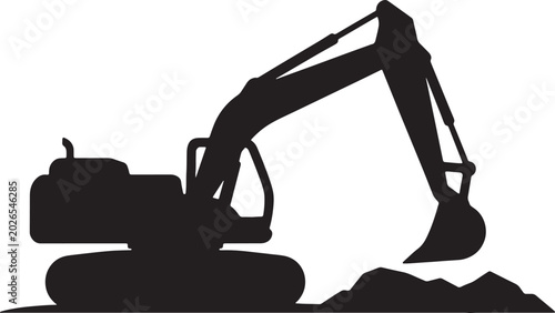 Excavator heavy machinery silhouette digging dirt at construction site.