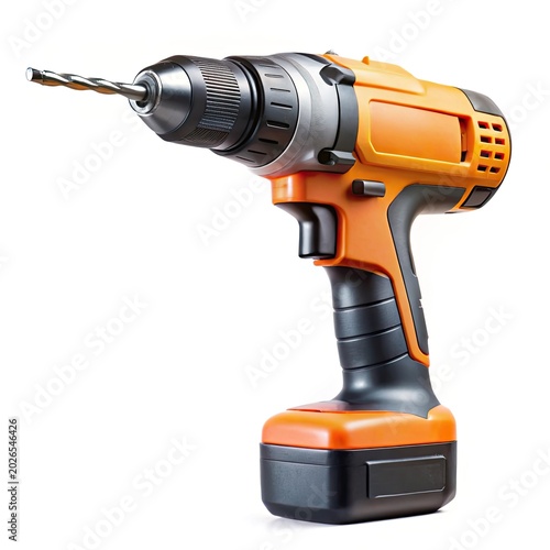 Cordless power drill in action on white background with clean professional lighting