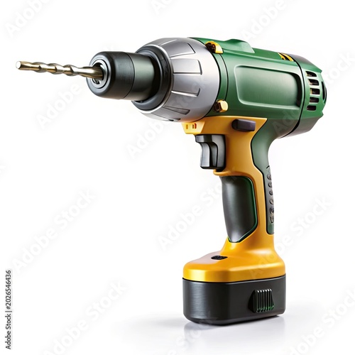 Cordless power drill driving screw on white background with professional lighting