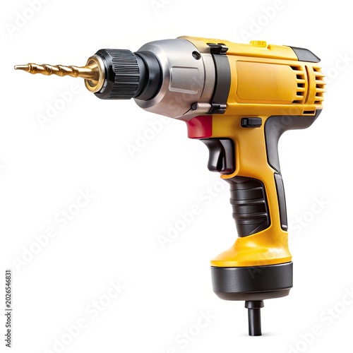 Yellow cordless power drill in action on white background with metal drill bit