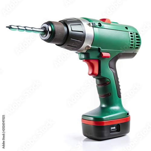 Cordless power drill in action on white background with clean professional lighting