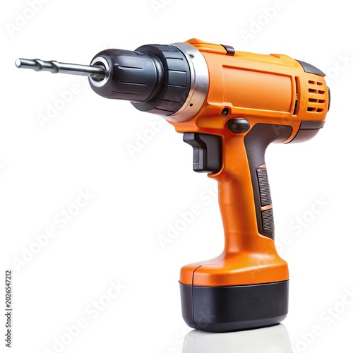 Orange cordless electric drill driving screw on white background isolated