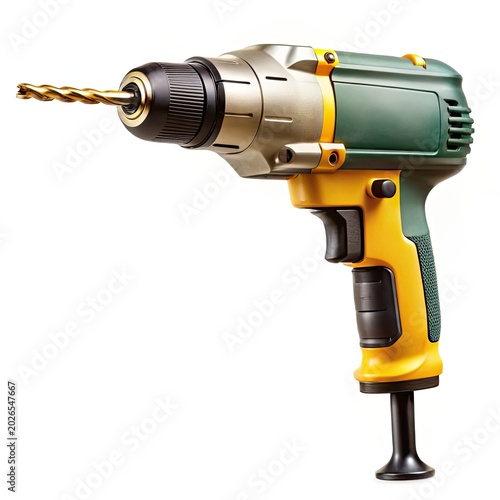 Yellow and green power drill with metal drill bit isolated on white background