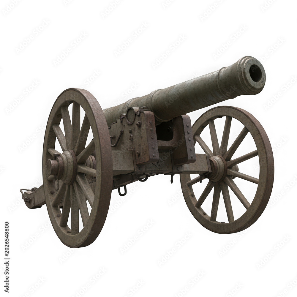 Obraz premium An old vintage metal military field cannon with large wooden wheels used during historical wars for heavy artillery