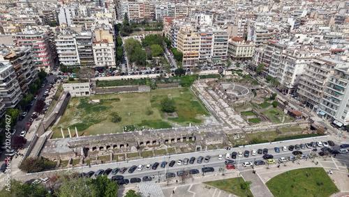Drone aerial view of the Roman Forum in Thessaloniki, Greece