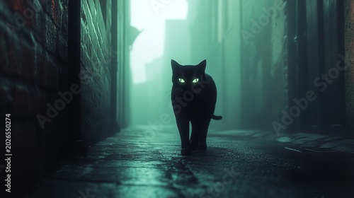Mystical Black Cat Walking in Dark Alley