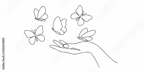 hand with butterflies line drawing on white background
