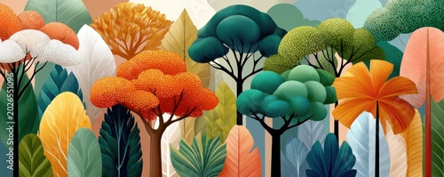 Colorful autumn forest illustration with stylized trees and layered foliage in a vibrant seasonal landscape