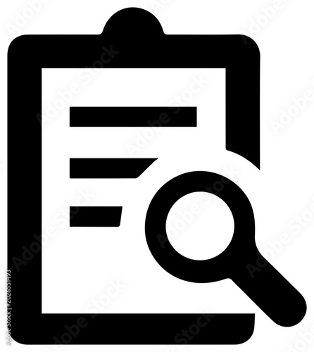 Solid black filled icon of a clipboard with a magnifying glass on a document symbolizing investigation and due process