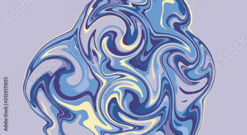 Abstract fluid art swirl featuring blue, navy, and pale yellow marbled textures. Vector style illustration with flowing liquid paint patterns isolated on a lilac background.