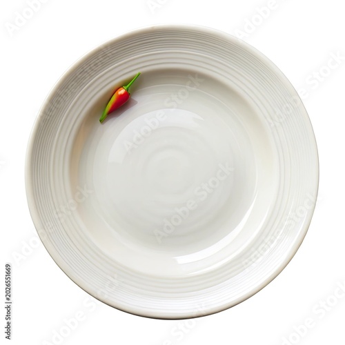 Empty white plate with single chili pepper isolated on white background minimalist composition