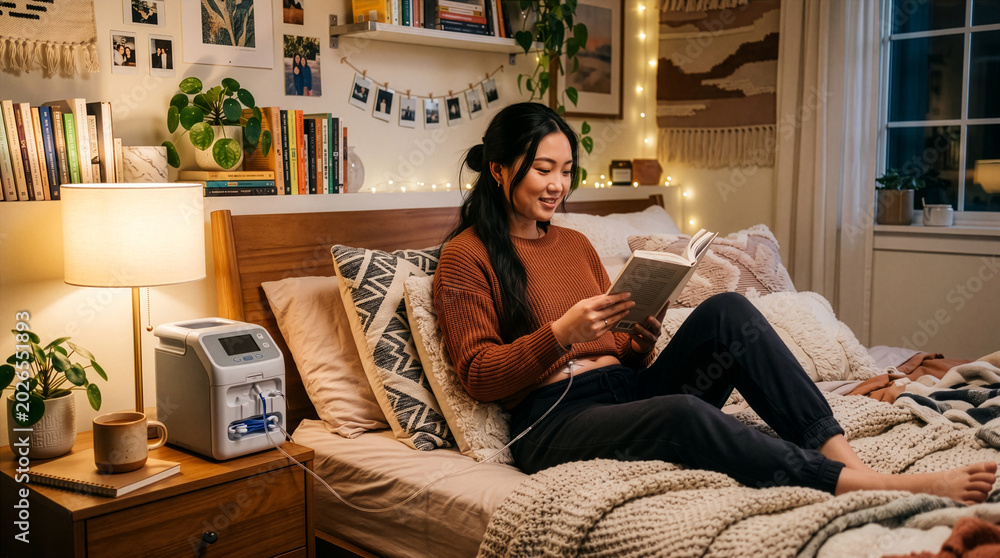 Obraz premium Young Asian Adult Reading Book in Cozy Home Environment