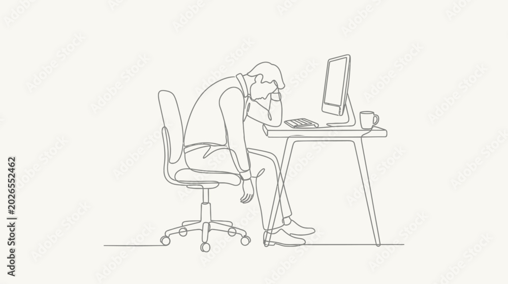 Fototapeta premium Tired Man at Desk: Minimalistic Line Art Illustration