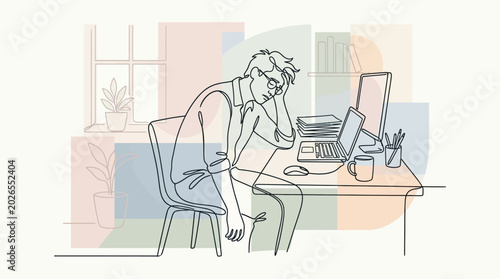 Tired Man at Desk: Line Art Illustration