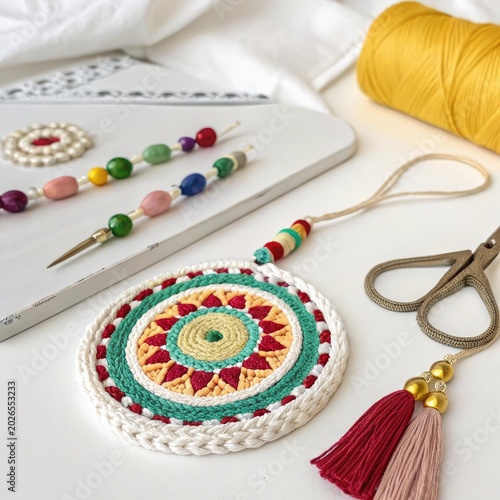 Handmade crochet mandala with embroidery tools and colorful beads on white background
