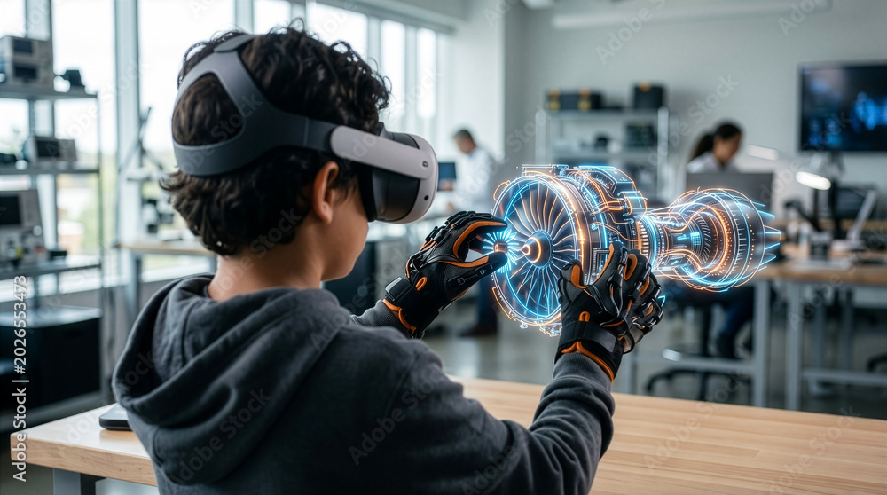 Obraz premium Young Pupil Interacting With Virtual Interface in Modern Educational Space