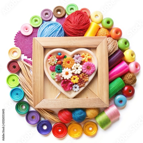 Handmade yarn heart decoration with colorful craft supplies on white background