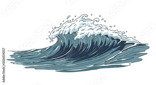 Foto Large ocean wave with white sea foam and spray crashing down, depicted in a classic block print or comic book art style
