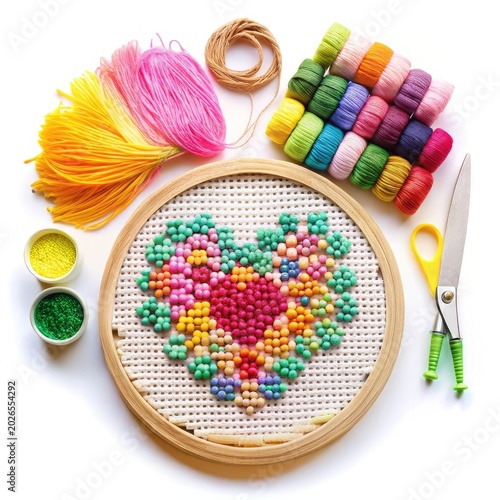 Colorful Beaded Heart Craft with Yarn and Embroidery Hoop on White Background
