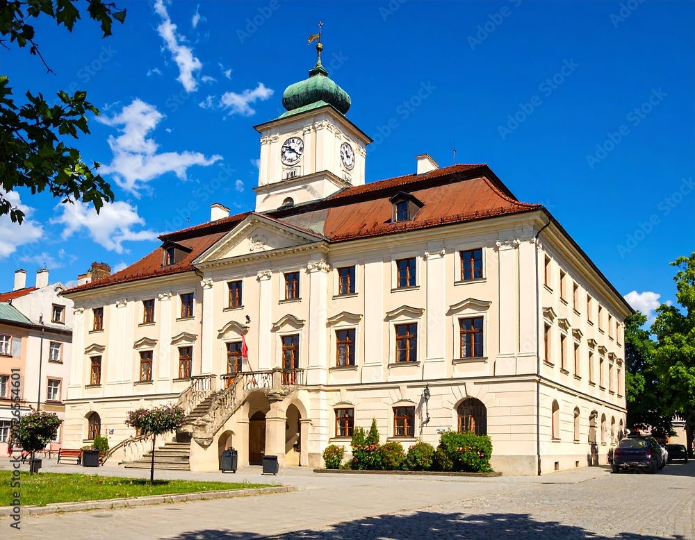 Fototapeta premium A classic, stately building with a clock tower under a blue sky, featuring a grand staircase and architectural details