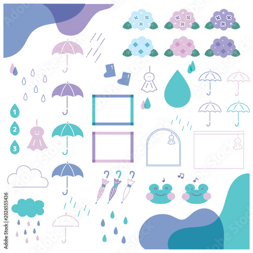 可愛いポップな雨の日梅雨イラスト素材セット