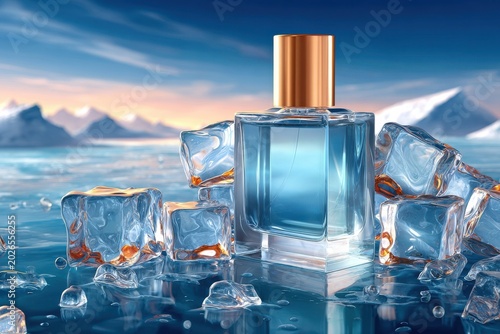 Luxury perfume bottle on ice with cool blue fragrance mockup in an elegant commercial scene