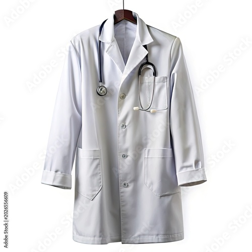 White Medical Lab Coat Hanging on Hanger Isolated on White Background