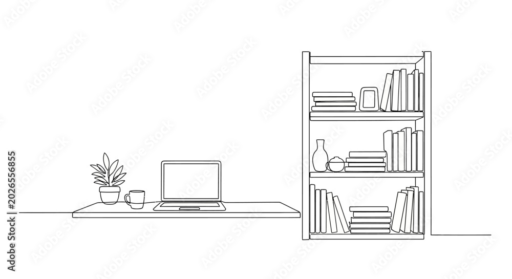 Fototapeta premium Minimalist Home Office with Bookshelf and Laptop - Line Art
