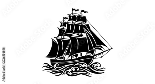Billede på lærred Vintage Tall Ship Sailing on Rough Seas Engraving Style.