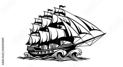 Photos Vintage Tall Ship Sailing on Rough Seas Engraving.