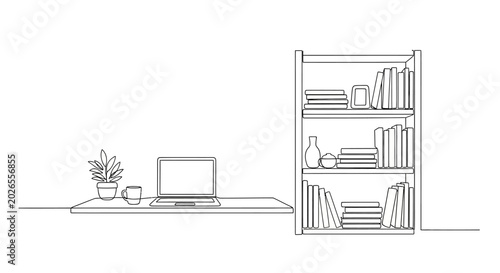 Minimalist Home Office with Bookshelf and Laptop - Line Art