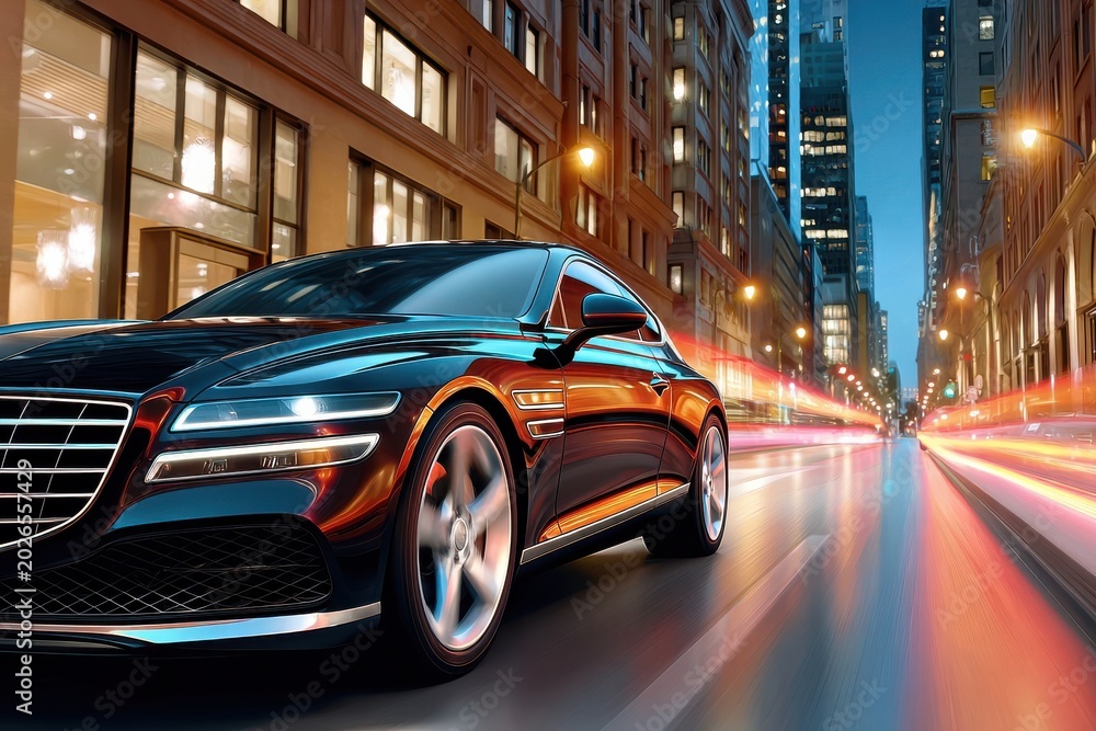 Fototapeta premium Luxury black sports car speeding through city street at night with motion blur and neon reflections