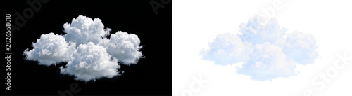 Foto Group of fluffy white cumulus clouds on a black background and a transparent alp