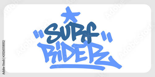 Foto Light blue surf rider graffiti tag lettering element with smooth flow contours