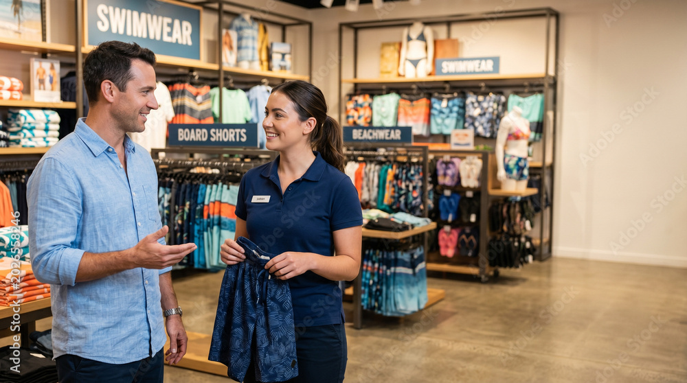 Obraz premium Man consulting female store employee about swimwear in retail store 