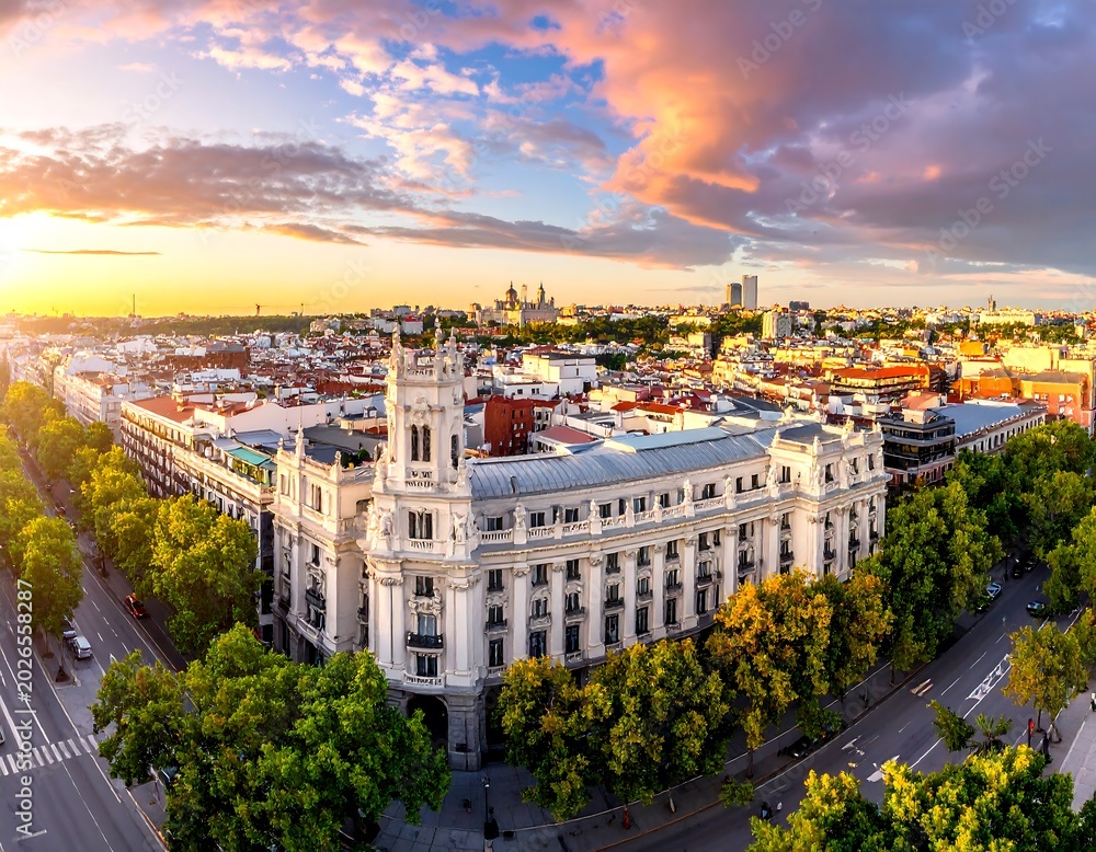 Obraz premium Panoramic view of a city with buildings trees and sunset sky