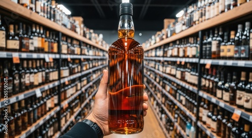 Hand holding a bottle of whiskey in a liquor store aisle with shelves