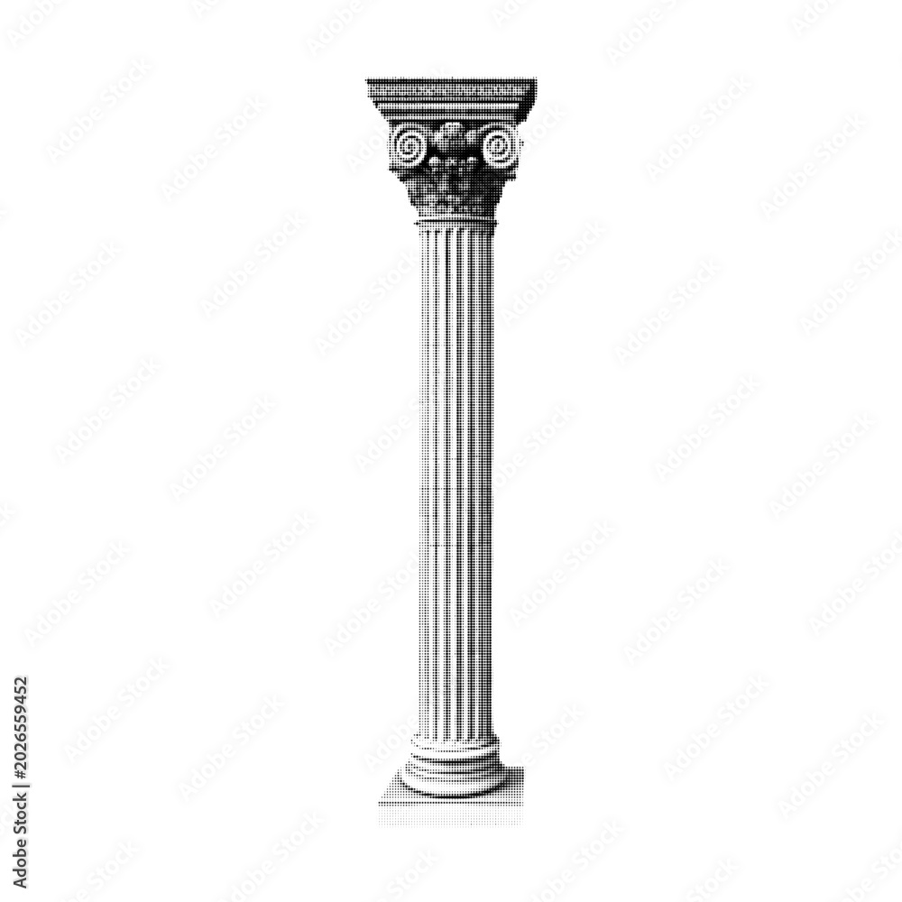 Fototapeta premium Halftone classical column illustration, monochrome ancient architecture element isolated on light background, decorative pillar design with Greek style.