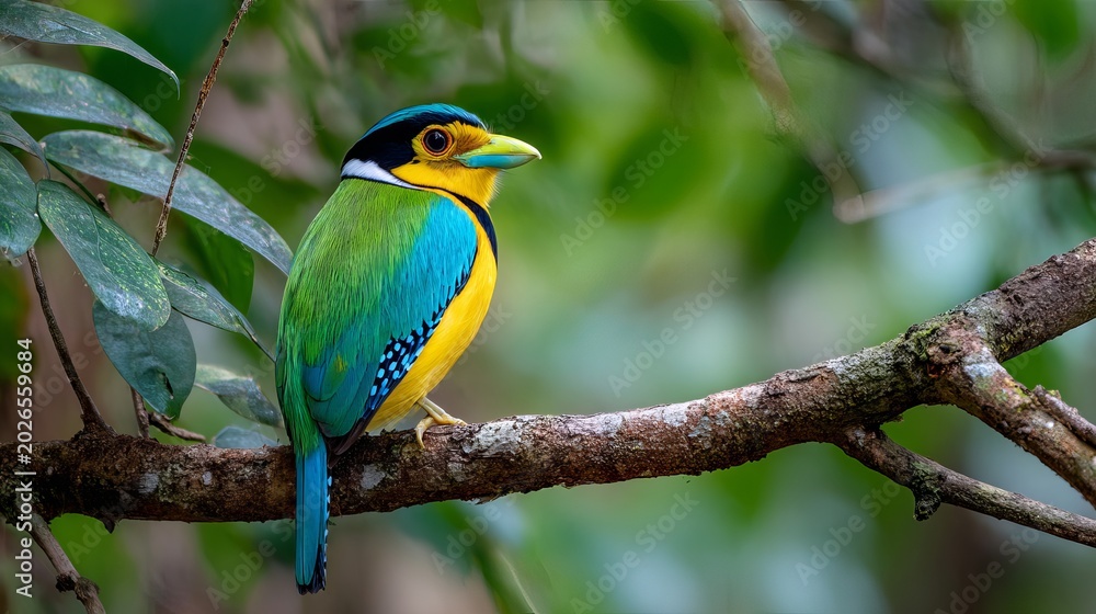 Obraz premium A vibrant bird perched on a tree branch in a lush forest with green leaves