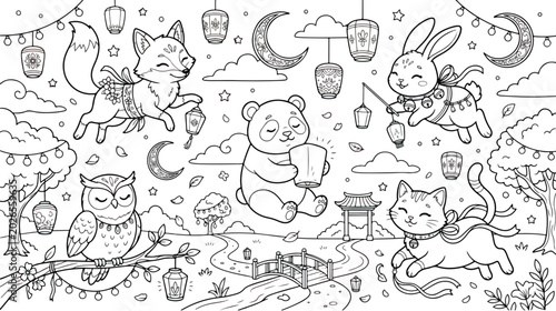Canvas Print Weather station coloring page with cute animals, educational meteorology science