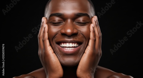 A darkskinned man smiling with his hands on either side of his face on black background